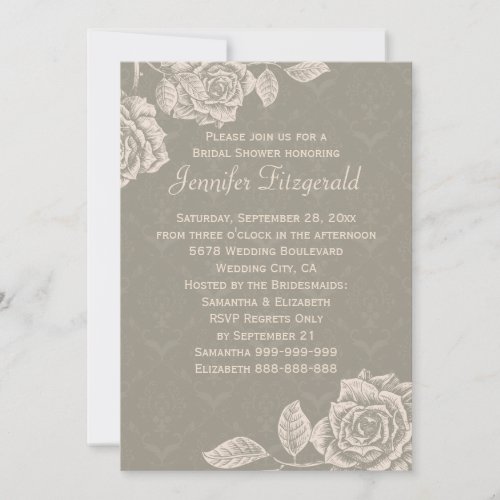 Vintage Roses Cream on Dusty Gray Bridal Shower Announcements