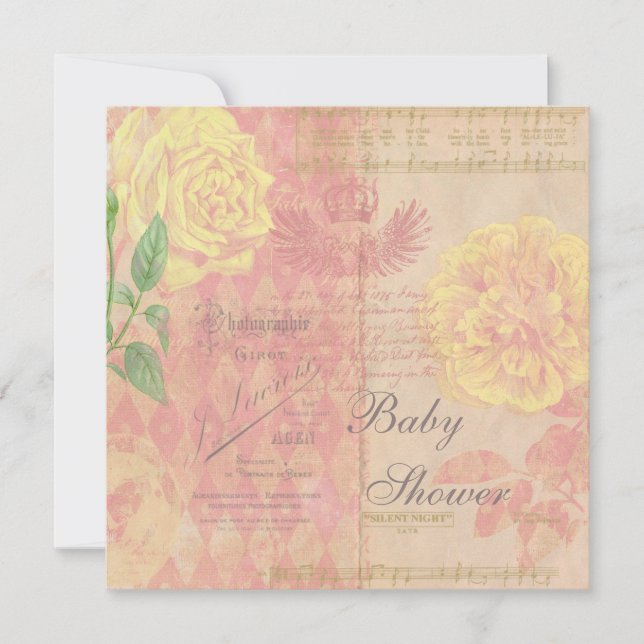 Vintage Roses, Crown & Music Collage Baby Shower Invitation (Front)