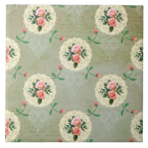 Vintage Roses Doilies Faded Smoky Green Damask Ceramic Tile