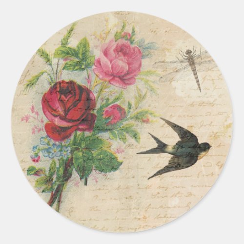 Vintage Roses Elegant Floral Bird Dragonfly Chic Classic Round Sticker