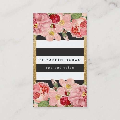 Vintage Roses Floral Black White Stripes Modern Business Card