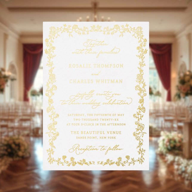 Vintage Roses Floral Frame Wedding  Foil Invitation (Creator Uploaded)