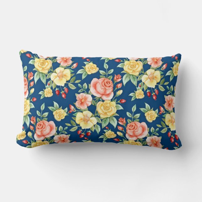 Vintage Roses Floral Pattern Illustration Lumbar Pillow (Front)