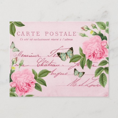 Vintage roses floral postcard with butterflies