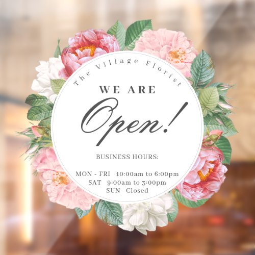 Vintage Roses Floral Round Business Opening Hours Window Cling