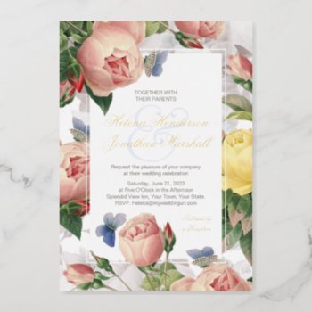 Vintage Roses Flowers Butterflies Elegant Wedding Foil Invitation by BridalSuite at Zazzle