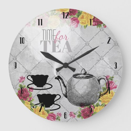 Vintage roses flowers teacups personalized kitchen large clock