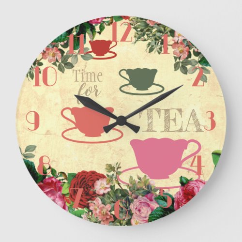 Vintage roses flowers teacups personalized kitchen large clock