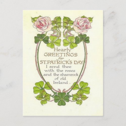 Vintage Roses Four Leaf Clovers St Patricks Day C Postcard