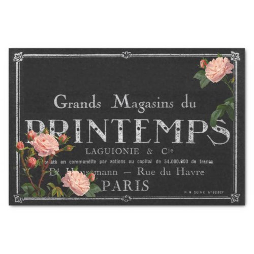 Vintage Roses French Typography Black Decoupage Tissue Paper