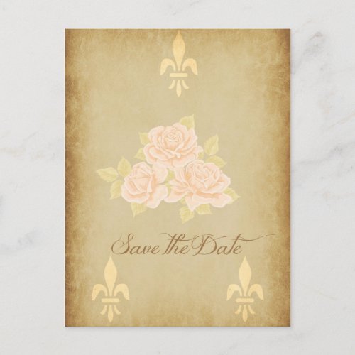 Vintage roses gold fleurdelis save date wedding postcard