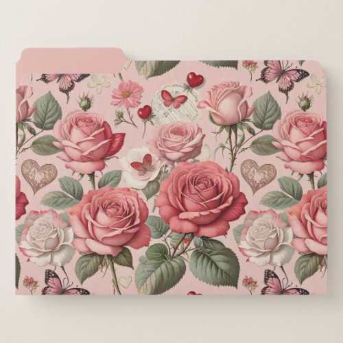 Vintage Roses Hearts Butterflies Pink Red File Folder