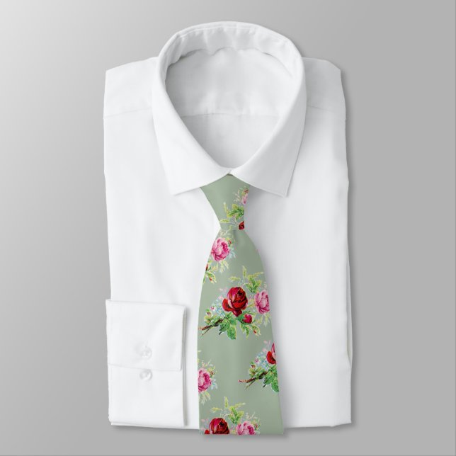 vintage roses in dusty  sage  green  neck tie (Tied)