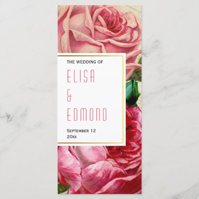 Vintage roses in pink floral wedding program (Front)