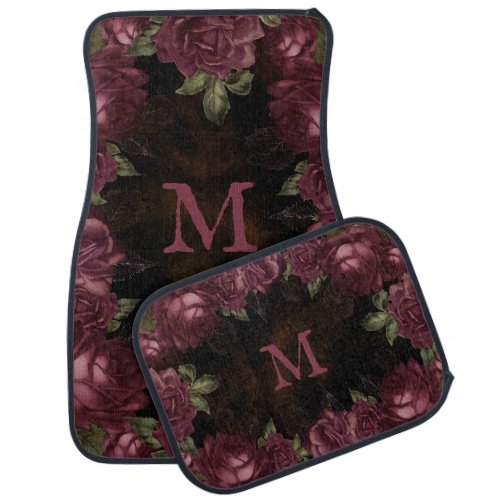 Vintage Roses Monogram Dark Grunge Texture  Car Floor Mat