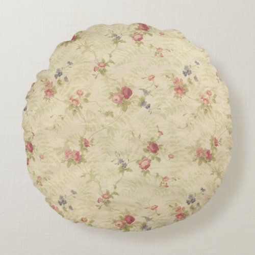 Vintage Roses old distressed fabric pattern Round Pillow