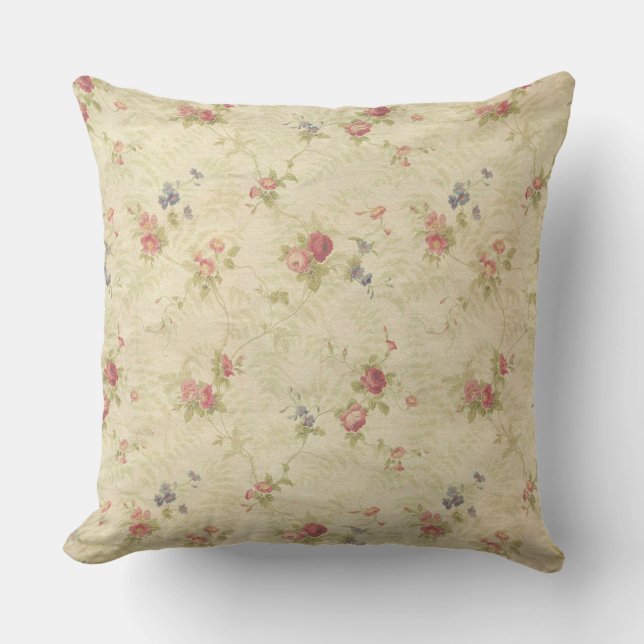 Vintage Roses old distressed fabric pattern Throw Pillow (Front)