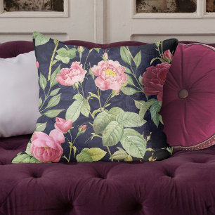 Vintage Roses On A Dark Blue Velvet Design Throw Pillow