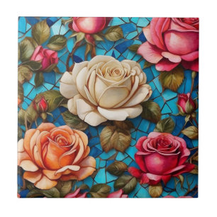 Vintage Roses on Blue Mosaic Background  Ceramic Tile