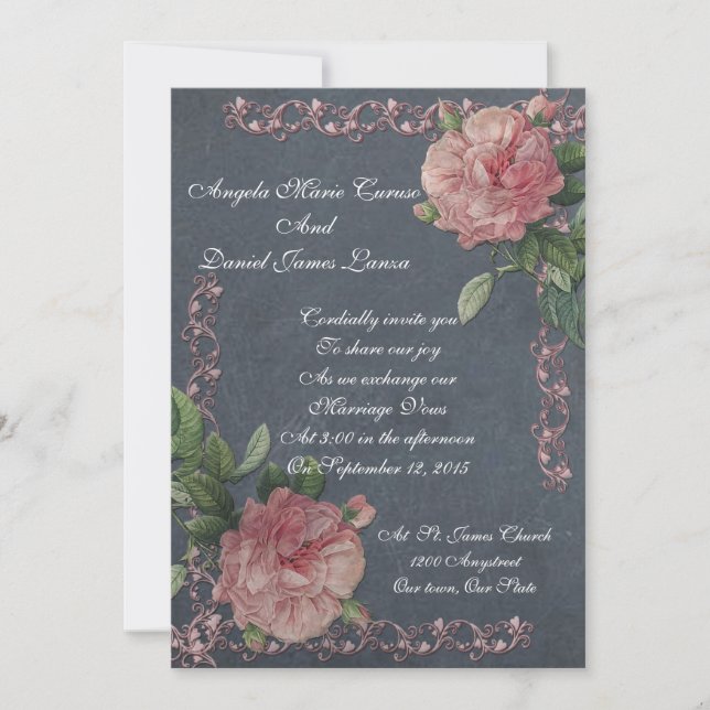 Vintage roses on chalkboard wedding Invitation (Front)