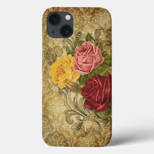 Vintage Roses on Gold Damask iPhone 13 Case