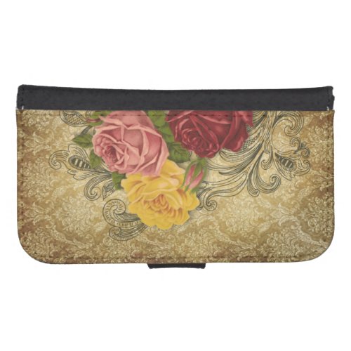 Vintage Roses on Gold Damask Galaxy S4 Wallet Case