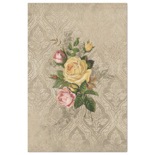 Vintage Roses on Grungy Sepia Damask Tissue Paper