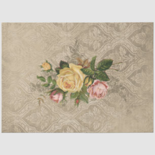 Vintage Roses on Grungy Sepia Damask Tissue Paper