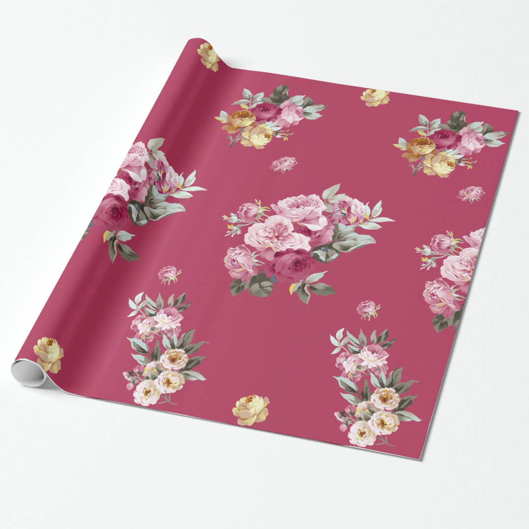 Vintage Roses on Pink Wrapping Paper Zazzle