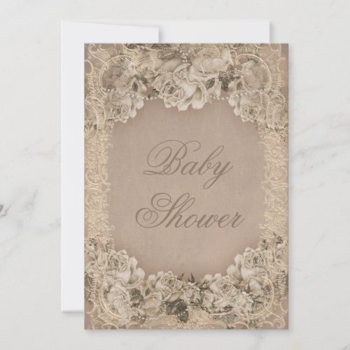 Vintage Roses Pearls and Lace Baby Shower Invitation - Shabby chic vintage roses, pearls and lace collage personalized custom gender neutral baby shower invites.  A beautiful collage with elegant cream printed image lace frame, stylish, beautiful antique roses flowers, and printed image strings of pearls on a pretty beige / brown / tan background. Classy, romantic, feminine, girly, classic, old fashioned, ornate, glamorous, double sided invites for bridal showers to celebrate the mom to be. All text is fully customizable / personalizable to suit your needs - lots of fonts & colors to choose from. These sophisticated, unique and original personalized, custom invitations are printed on both sides / have double sided printing.  If you need any assistance customizing your product please contact me through my store and I will be happy to help.
