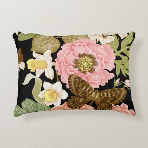 Vintage Roses Peonies Black Floral Pattern Accent Pillow
