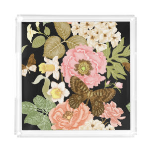 Vintage Roses Peonies: Black Floral Pattern Acrylic Tray