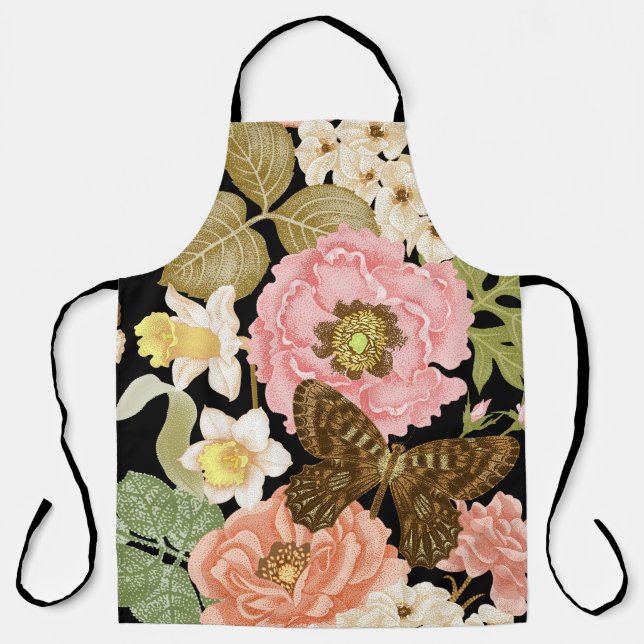Vintage Roses Peonies: Black Floral Pattern Apron (Front)