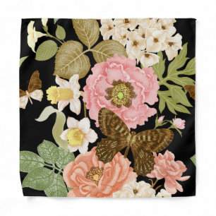 Vintage Roses Peonies: Black Floral Pattern Bandana