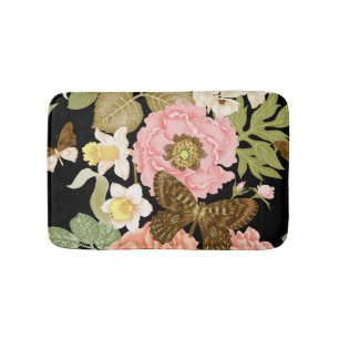 Vintage Roses Peonies: Black Floral Pattern Bath Mat