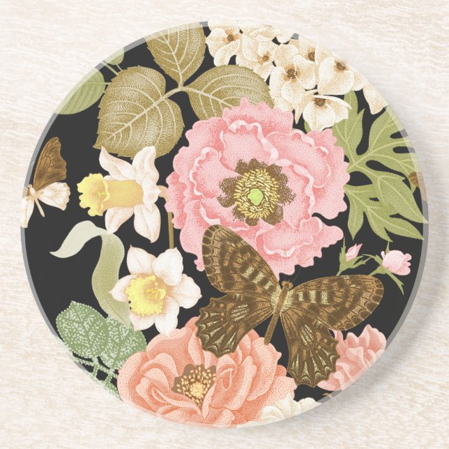 Vintage Roses Peonies: Black Floral Pattern Coaster (Front)