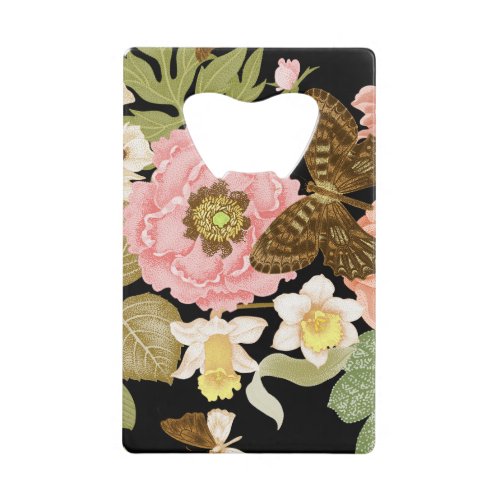 Vintage Roses Peonies Black Floral Pattern Credit Card Bottle Opener