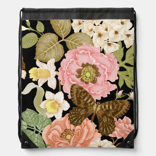 Vintage Roses Peonies Black Floral Pattern Drawstring Bag