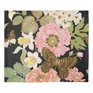 Vintage Roses Peonies: Black Floral Pattern Duvet Cover