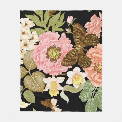 Vintage Roses Peonies Black Floral Pattern Fleece Blanket