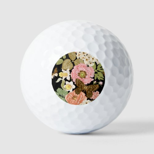 Vintage Roses Peonies Black Floral Pattern Golf Balls