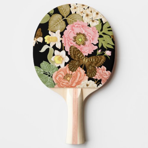 Vintage Roses Peonies Black Floral Pattern Ping Pong Paddle