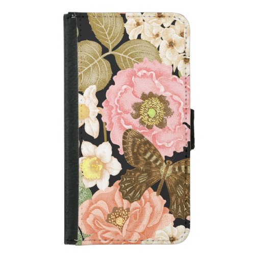 Vintage Roses Peonies Black Floral Pattern Samsung Galaxy S5 Wallet Case