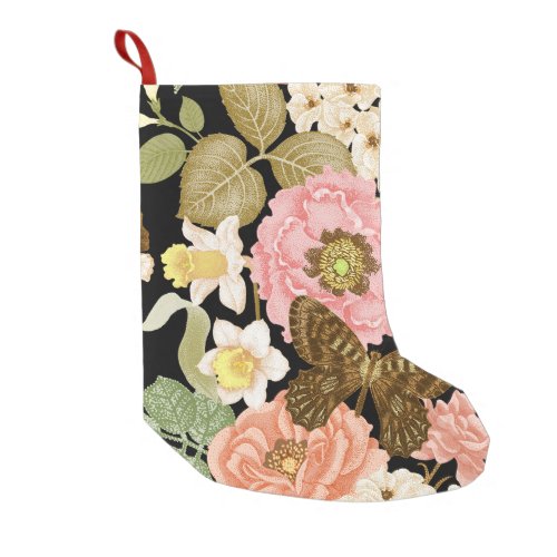 Vintage Roses Peonies Black Floral Pattern Small Christmas Stocking