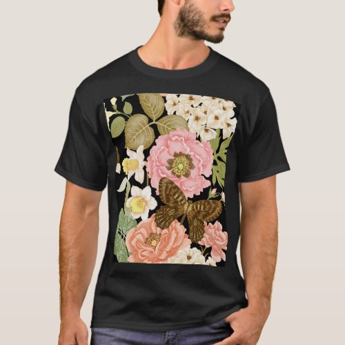 Vintage Roses Peonies Black Floral Pattern T_Shirt