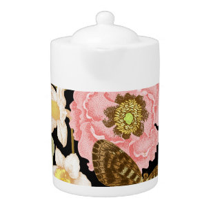 Vintage Roses Peonies: Black Floral Pattern Teapot