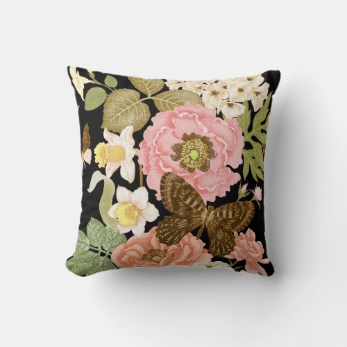 Vintage Roses Peonies Black Floral Pattern Throw Pillow