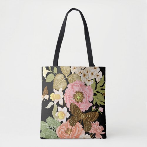 Vintage Roses Peonies Black Floral Pattern Tote Bag