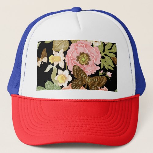 Vintage Roses Peonies Black Floral Pattern Trucker Hat