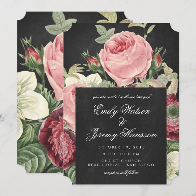 Vintage Roses Pink Chalkboard Wedding Invitation (Front/Back)